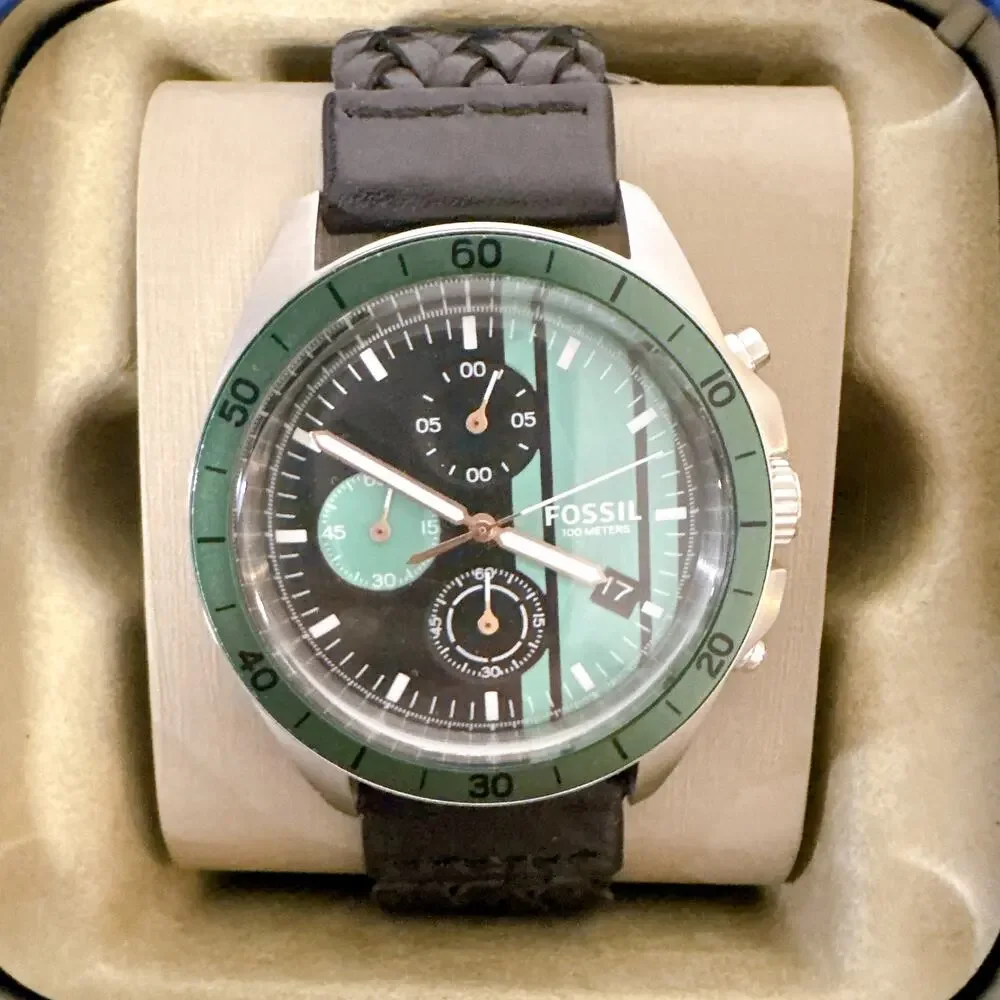 Fossil BQ16231014 Men Chronograph Watch 43mm Steel Case Green Bezel